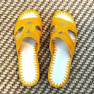 Handmade woven raffia slides mustard yellow
